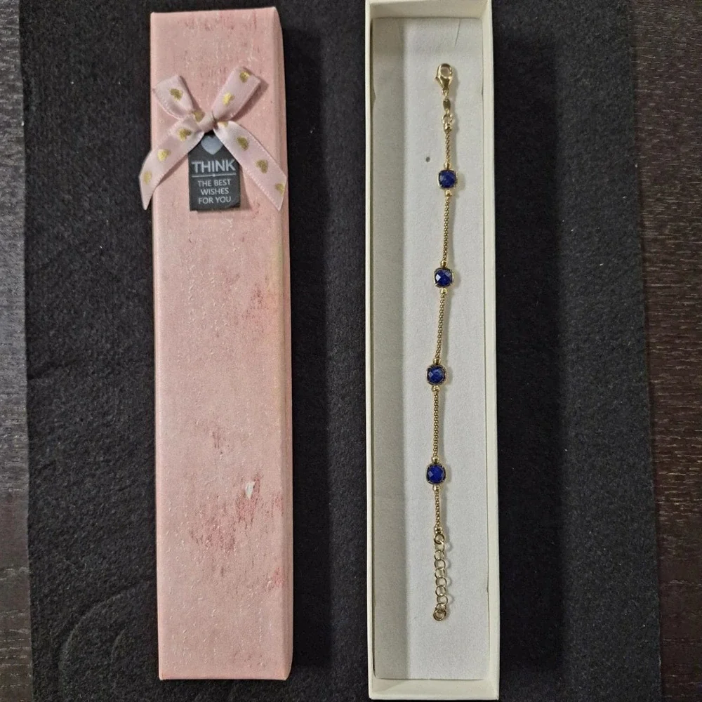 Lab Grown Lapis Lazuli Chain Bracelet 14k Gold-Plated Silver